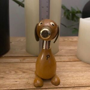 Vintage Set of 2 Stacked Wooden Pup Salt and Pepper Shakers with Japan foil tag